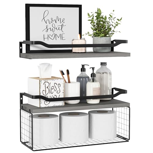 Bathroom Shelves Over Toilet with Protective Metal Guardrail | Floating Shelves with Wire Storage Basket, Wood Wall Shelves for Bathroom Organizers and Storage, Toilet Paper, Gray - color: Modern Grey