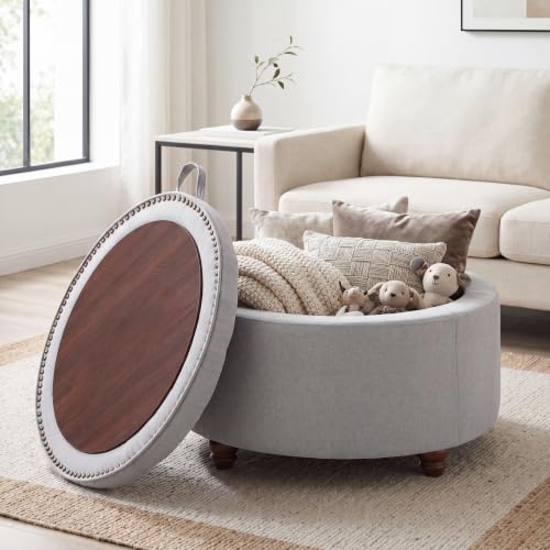 30" Round Storage Ottoman Coffee Table, Tufted Lid & Wood Top, Gray | Nailhead Trim Solid Wood Legs Extra Large Footrest Linen-Like Fabric - color: Grey