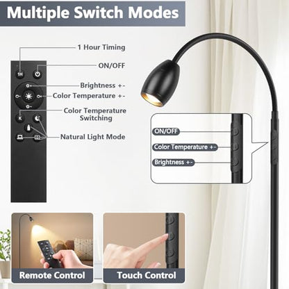 Reading Floor Lamp, 72" LED Dimmable Lamp with Gooseneck,Zoomable Spotlight | Adjustable Color Beam Standing Lamp, 10W, Touch & Remote Control, Task Craft, Sewing, Bedroom Living Room, Office,Matte Black - color: Matte Black