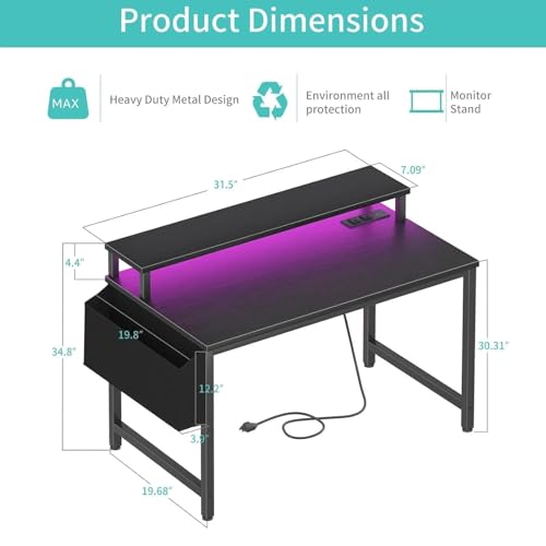 Lufeiya Small Desk with Power Outlets and LED Lights, 32 Inch Teen Writing Study Table Home Office Computer Desks with Monitor Stand, Gaming Desk with Charging Station, Black - color: Black, size: 31.5"