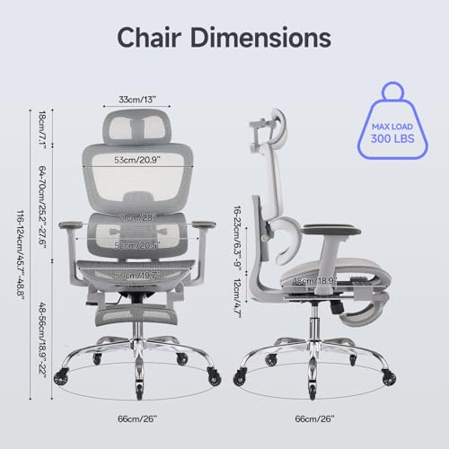 Office Chair with Footrest, Ergonomic Chair with Neck Pillow & Rubber Wheels, Computer Chair with Adjustable Backrest & 3D Armrests Headrest, Gaming Chair Adaptive Lumbar Support, Grey - color: Grey, style: Pro