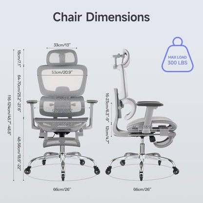 Office Chair with Footrest, Ergonomic Chair with Neck Pillow & Rubber Wheels, Computer Chair with Adjustable Backrest & 3D Armrests Headrest, Gaming Chair Adaptive Lumbar Support, Grey - color: Grey, style: Pro