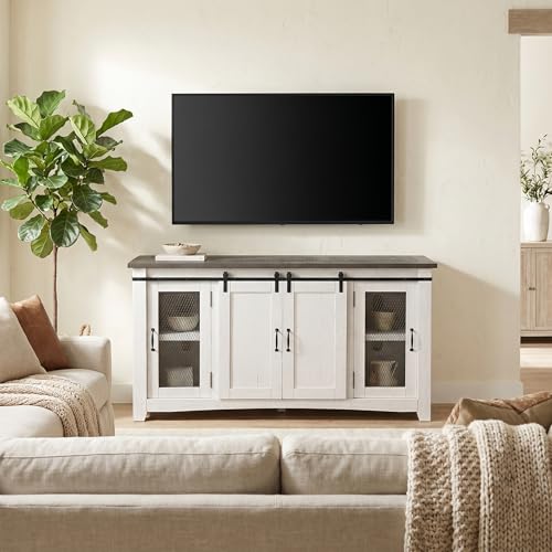 Martin Svensson Home Rustic 65" Wood Entertainment Center, White and Grey | Solid Pine, TV Stand, Sliding Doors, Adjustable Shelves & Cable Management, for TVs up to 70" - color: White and Grey Stain
