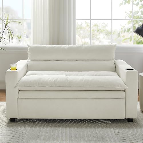 SLEERWAY 3 in 1 Convertible Sleeper Sofa Bed, 56.3" W Easy Pull Out Couch Bed with Dual Cup Holders, Comfy Thick Padding Futon Loveseat with Adjustable Backrest for Living Room Small Space (Grey) - color: Beige, size: 56.3"