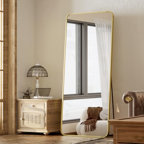 BEAUTYPEAK 65" x 24" Rounded Corner Full Length Mirror with Stand, Gold | Aluminum Alloy Frame with Standing, Leaning, or Wall-Mounted, Ideal for Bedroom, Dressing Room, Entryway, and Living Room - color: Gold, size: 65"L x 24"W