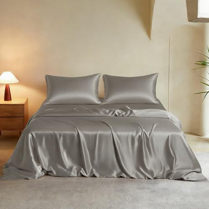 THXSILK Luxury Queen Silk Duvet Cover Set 3 Pieces, Extra Soft, Breathable & Cooling Bedding Set, Machine Washable & Durable, 1 Duvet Cover & 2 Pillowcases with Zipper Closure(Grey) - color: Grey, size: Queen (3 pcs)