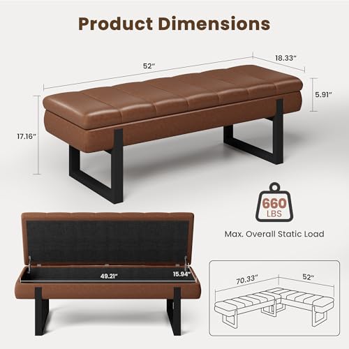 Breakfast Nook Bench with Hidden Storage, Premium Faux Leather Cushion & Metal Base, 53 Inch Extra Seating for Dining Room/Living Room, Entryway - color: Brown