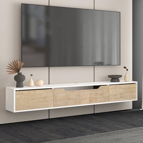 Atelier Mobili Floating TV Stand for Up to 80 Inch TVs – Wall Mounted Media Console with Handle-Free Doors – Modern Entertainment Center with Hidden Storage – White and Oak Finishes (White/Oak) - color: White / Oak