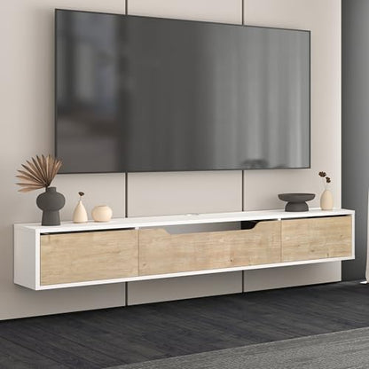 Atelier Mobili Floating TV Stand for Up to 80 Inch TVs – Wall Mounted Media Console with Handle-Free Doors – Modern Entertainment Center with Hidden Storage – White and Oak Finishes (White/Oak) - color: White / Oak