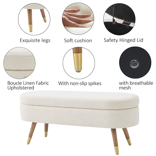 IAFIKE Oval Storage Bench 43.5" Ottoman Bench Upholstered Boucle Fabric Footrest Bench with Golden Metal Legs End of Bed for Bedroom, Living Room, Entryway,Bed Side (Beige) - color: Beige-a