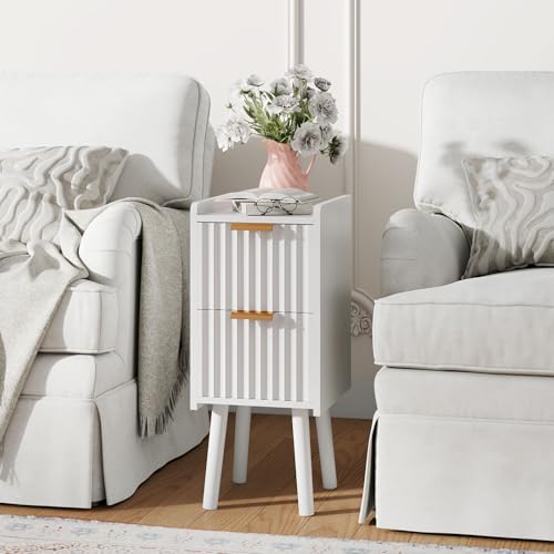 IBUYKE Narrow Nightstand,Slim Bedside Table with 2 Drawer,White UWNS015W | Space Saving,Skinny Bedside Table for Small Spaces,Wood Side End Tables for Bedroom Living Room