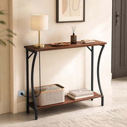 ARTPOWER Console Table with Built-in Power Outlets, Wood Narrow Behind Couch Sofa Table with Charging Station, Skinny Entryway Table with Open Shelf for Living Room, Hallway,Foyer,Set of 2, Brown - color: Brown, size: 2-packs