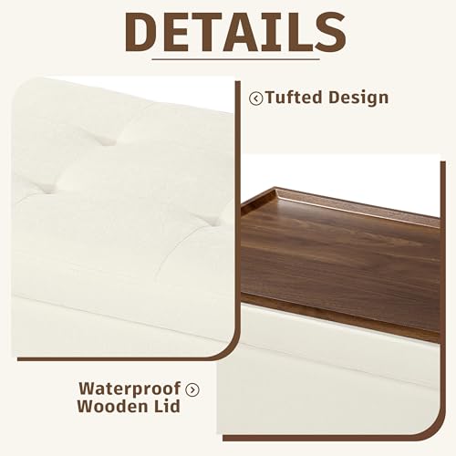 Homebeez Storage Ottoman with Tray Top, 22" Tufted Fabric Coffee Table with Storage, Foot Rest Ottoman with Nailhead Trim, for Living Room Bedroom, White - color: White Linen