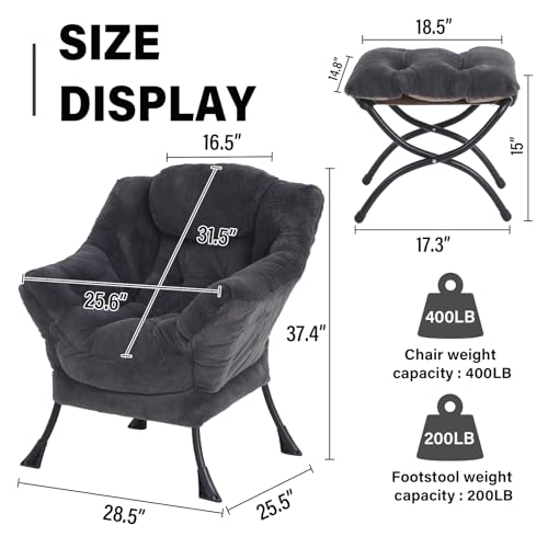 Modern Lazy Chair with Ottoman Lounge Accent Reading Chair for Living Room | Foldable Footstool,Removable Cover,Soft Padded Seat & Backrest,Upholstered Comfy Chair for Bedroom,Dorm,Office,Small Space - color: Plush Dark Grey