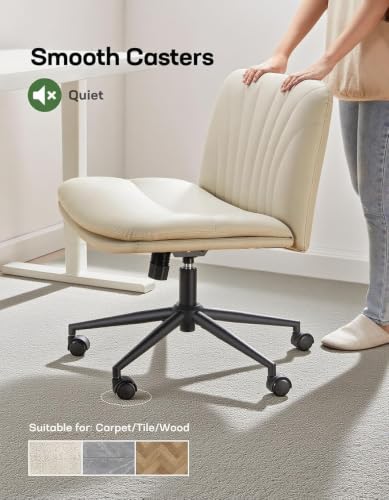 Marsail Criss Cross Chair with Wheels: PU Leather Cross Legged Office Chair Wide Armless Desk Chair Swivel Height Adjustable Vanity Chair for Make Up,Small Space,Bed Room(Beige) - color: Beige
