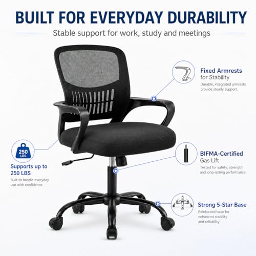 Ergonomic Office Chair, Home Office Desk Chair, Game Chair with Lumbar Support, Breathable Mesh Chairs, Swivel Desk Chairs for Computer, Home, Office, 360° Swivel (Blank) - color: Black With Fixed Armrest