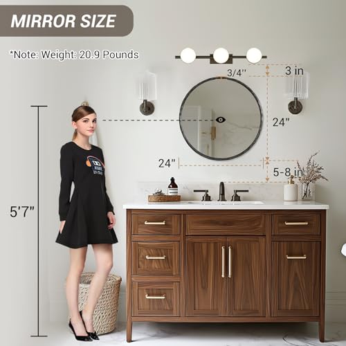 Hand-Forged Round Mirror for Wall, 24 Inch Black Solid Steel Antique Rounded Bathroom Mirror, Vintage Hammered Metal Frame Circle Mirror for Wall Decor, Vanity, Bedroom, Entryway - color: Black, size: 24"L x 24"W