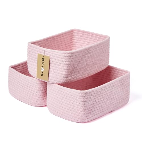 MiniArk Small Storage Baskets for Organizing | Closet Organizer Bins | Shelf Toy Basket | Woven Rope Baskets | Cube Decorative Box | Shallow Basket | 11.5x7.5x4.7” | 3 Packs Pink - color: Pink, size: 3pcs-L11.5xW7.5xH4.7"
