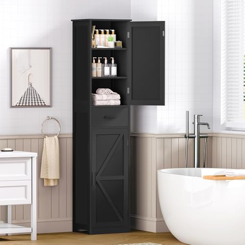 TEENFON Tall Bathroom Cabinet, Storage Cabinet with 6 Shelves & Drawer, Bathroom Storage Cabinet with Adjustable Shelves, Tall Cabinet for Living Room, Home Office, Black - color: Black