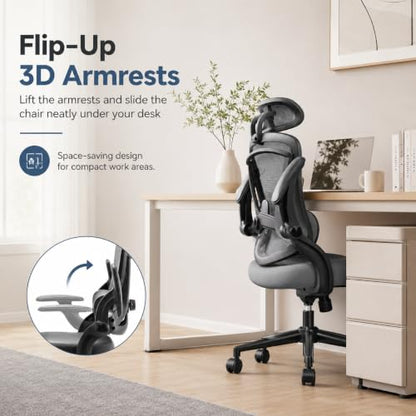 Ergonomic Office Chair, Home Office Desk Chairs with Adjustable Lumbar Support and Headrest, High Back Mesh Computer Desk Chair with 3D Flip-up Armrests & 360° Swivel Wheels, 275 LBS - color: Grey With Lumbar Support