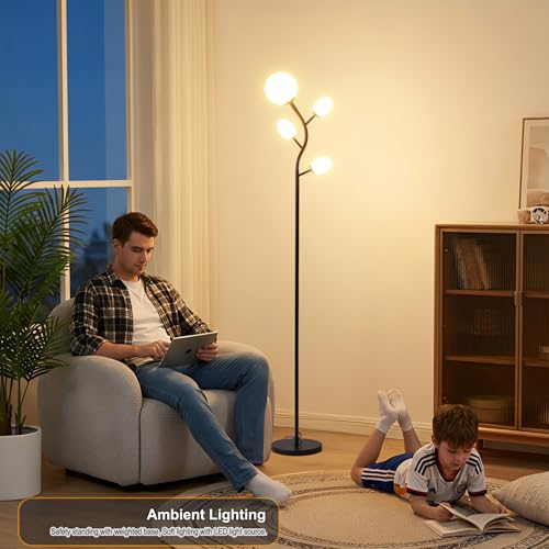 Fiqevs 4 Globe Floor Lamp for Living Room, Mid Modern Standing Tree Lamp | 3000K Warm White Light, 4 LED Bulbs Included, Sphere Ball Frosted Glass Shade Tall Lamp for Bedroom/Office, Matt Black - color: 4 Globe Tree- Black
