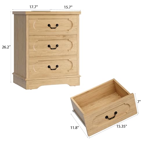 3 Drawer Dresser for Bedroom Natural Bedroom Dresser with Charging Station | Farmhouse Wood Chest of Drawers, Rustic Small Drawers Dressers Nightstand Wooden Closet Storage Cabinet, Living Room - color: Natural, size: 15.7"D x 17.7"W x 26.2"H (3 Drawers)