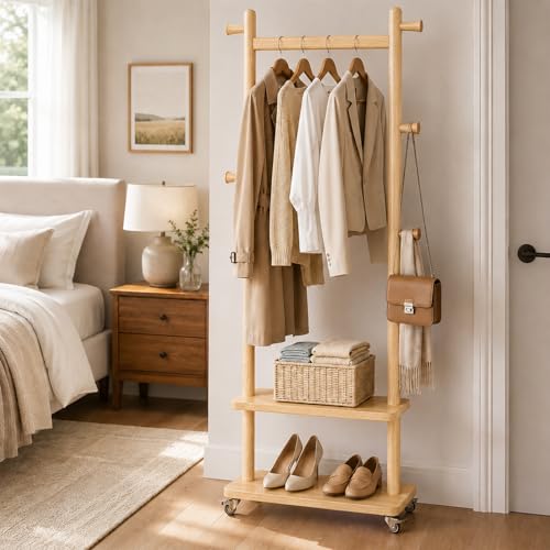Coat Rack Freestanding Solid Wood Clothes Rack with Wheels | Space Saving, Stable 5 Hooks 2 Shelves Coat Tree, Silent 360 Degree Wheels, Heavy Duty 150 lb Capacity for Entryway Bedroom - color: Natural Wood, size: L: 23.6" x W: 11.8" x H: 70.9" (With Whee