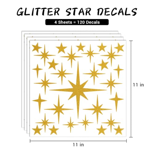120 Pcs Glitter Gold Star Wall Decals | Retro Starburst Decor, Assorted Shapes & Sizes, Peel and Stick - style: Glitter Gold Star