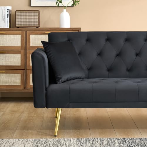 Majnesvon 71" Convertible Folding Sleeper Sofa Couch,Modern Velvet Loveseat Sleeper with 2 Pillows, Futon Sofa Bed with Mattress and Frame for Living Room,Bedroom,Small Space (Black) - color: Black