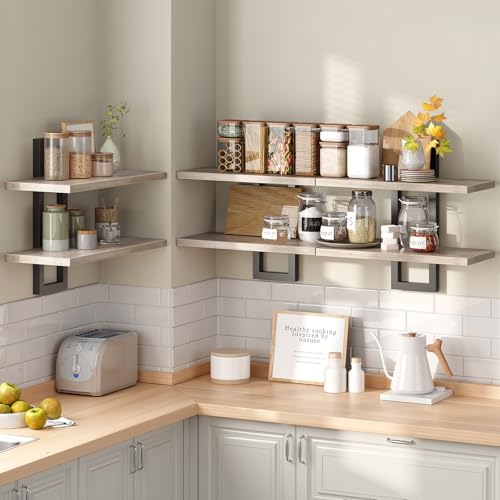 HOOBRO Floating Shelves, 15 Inch Wall Shelf Set of 3, Wall Mounted Storage Shelves 2-Tier, Hanging Bathroom Shelves, for Living Room, Bedroom, Bathroom, Kitchen, Greige and Black BG32BJP301 - color: Greige + Black