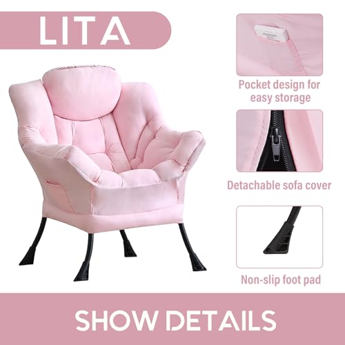 Lazy Chair with Ottoman, Comfy Accent Reading Chair, Pink | Foldable Footrest,Removable Cover,with Armrests and Side Pockets,Upholstered Lounge Chair for Bedroom,Dorm,Office,Small Space - color: Single Pink