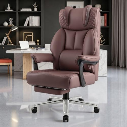 BestGlory Office Desk Chair, Big and Tall Leather Gaming Chair with Footrest, Ergonomic Comfy Executive High-Back Reclining Computer Chairs, Wide Swivel Rolling Wheels and Padded Lumbar Support,Coffee - color: Coffee, style: Freely Reclining