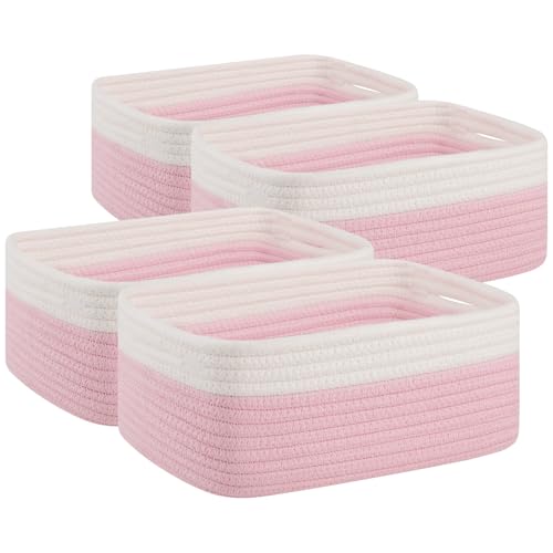 OIAHOMY 4 Pack Storage Baskets for Organizing, Small Bins for Shelves, Cute Decorative Storage Bins, Organizer Baskets for Gifts Empty, 13.8''Lx9.8''Wx5.5''H, Pink/White - color: Pink/White, size: 13.8"*9.8"*5.5"