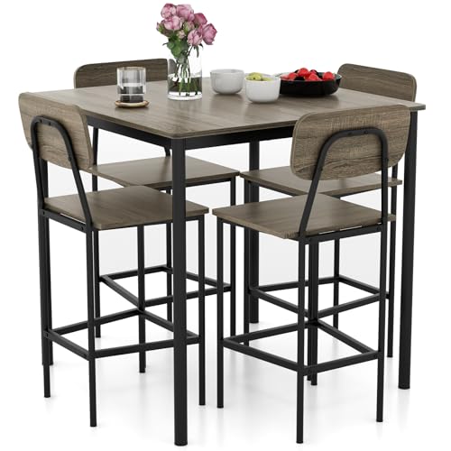 Giantex 5-Piece Dining Table Set W/Counter Height Table & 4 Bar Stools, Modern Kitchen Dining Set W/Footrest & Backrest, Space-Saving Dinette Set for Pub, Dining Room, Restaurant (Black Oak) - color: Black Oak