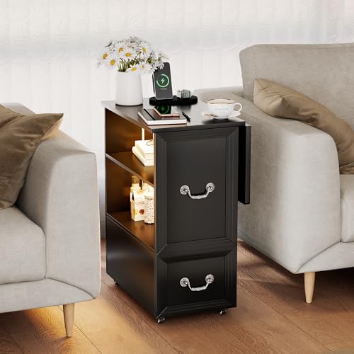 Lareth Rolling Side Table with Wheels, Led Lights & Charging Station | Foldable Desktop Narrow End Table, 1 Drawer, 2 Bookshleves, 27.56"H Tall Nightstand for Small Space, Living Room, Black - color: B Black