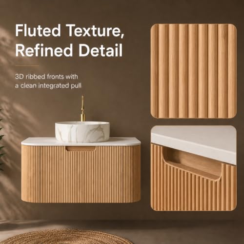 24" Floating Bathroom Vanity with Sink, Wall Mounted Plywood Cabinet, Natural Wood Grain Fluted Front, Sintered Stone Countertop, White Marble-Look Ceramic Vessel Sink, Soft-Close Drawer - color: Natural Oak Cabinet / White Marble Sink, size: 24 Inch