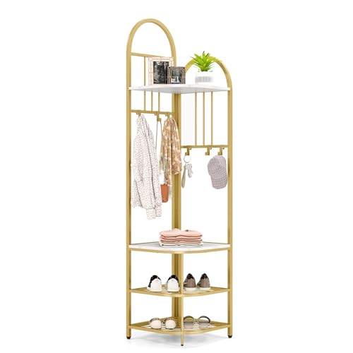 Tangkula Corner Hall Tree, 71 Inch Tall Entryway Coat Rack with Shoe Bench & 4 Storage Shelves, 6 Movable Hooks, Freestanding Metal Corner Clothes Rack for Bedroom Hallway Living Room