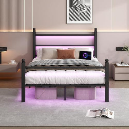 CLIBFENG Full Size Bed Frame with Headboard and Footboard,Steel Slats Support-LED Bed Frame with Charging Station,Mattress Foundation-Under Bed Storage, No Box Spring Needed,Noise Free,Black - size: Full 2, style: Black