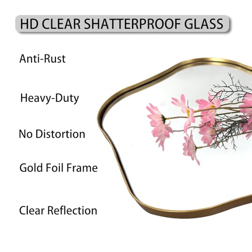 Scalloped Irregular Mirror, 24" Art Deco Wall Mirror with Gold Metal Frame, Wavy Decorative Accent Mirrors for Entryway Bedroom Living Room Bathroom Vanity, Horizontal or Vertical Hanging - color: Gold, size: 24"L x 24"W
