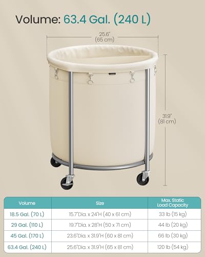 SONGMICS Laundry Basket, Rolling Steel Frame with 2 Locking Wheels, 240 L | Heavy-Duty Laundry Hamper Cart with Removable Bag, Cream White and Metallic Silver, URLS012W01 - color: Cream White + Metallic Silver, size: 240 L (2-Section)