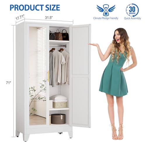 GAIOUS Metal Wardrobe Cabinet with Mirror and Hanging Rod, 71" White | Clothing Storage Cabinets with 2 Doors and Adjustable Shelves, Armoire Wardrobe Closet for Bedroom, Laundry Room, Cloak Room - color: No Drawer White- Mirror Style, size: 17.71"D x 31.