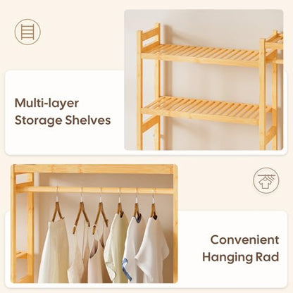 Cozivolife Over The Washer Dryer Storage Shelf: Bamboo 5 Tiers (Natural) | Laundry Room Drying Rack with Adjustable Shelves and 4 Hooks - Space Saver Organizer for Hanging Clothes and Towels - color: Natural