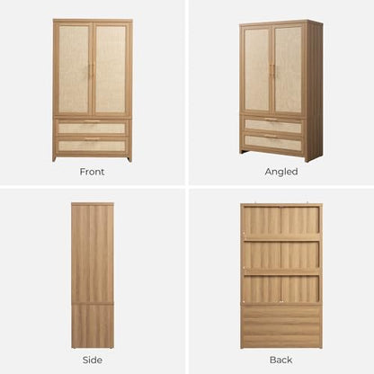 SICOTAS Rattan Armoire Wardrobe Closet : 71 inch Wardrobe with Drawers | Farmhouse Boho Storage Cabinet with Hanging Rod, Large-Capacity Deep Armoire Clothes Organizer for Bedroom, Cloak Room