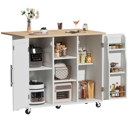DUMOS 42in Kitchen Island with Storage, Drop Leaf, Spice Rack, Towel Rack | Rolling Cart on Wheels, Adjustable Shelves, Wood, Mobile Utility Serving Table, Living Room, Dining Room, White - color: White