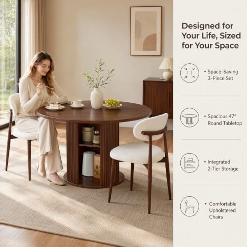 3-Piece Walnut Round Dining Table Set with 2 Upholstered Chairs, 47 Inch Kitchen Table for 2-4, Circle Dining Room Table Set with 2-Tier Storage Shelf, Wood Top Metal Frame for Small Spaces - color: Walnut