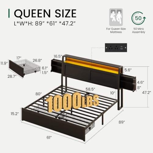 Queen Size Wooden Bed Frame with Storage Drawer and LED Headboard | 2-Tier Hidden Storage, Black Finish, Ergonomic Headboard, Charging Station, No Box Spring Needed, Easy Assembly - color: Black, size: Queen (U.S. Standard)