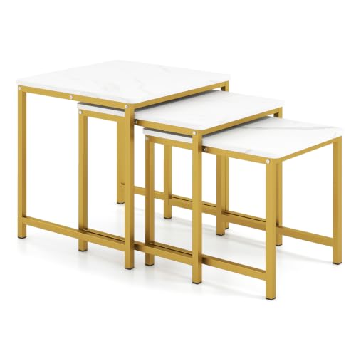 Giantex Nesting Coffee Table Set of 3, Small Center Tables, White | Faux Marble Coffee Table with Metal Frame, Space-Saving Stacking End Table for Small Space - color: White & Gold