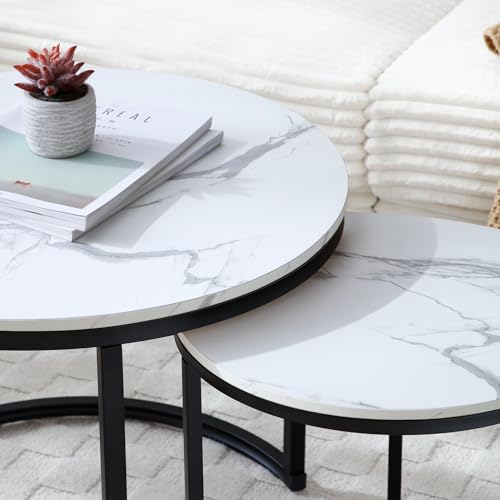24" Marble Pattern Accent Side Table, Modern Nesting Side Tables with Metal Frame, Space-Saving Nesting Coffee Table Set for Living Room Apartment, White - color: White
