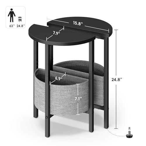 Small Round Side Table End Table, Tall Accent Table with Storage Basket, Set of 2 Half Round Tables Half Moon Tables, Coffee Bedside Tables, Modern Nightstand for Living Room Bedroom, Black - color: Black