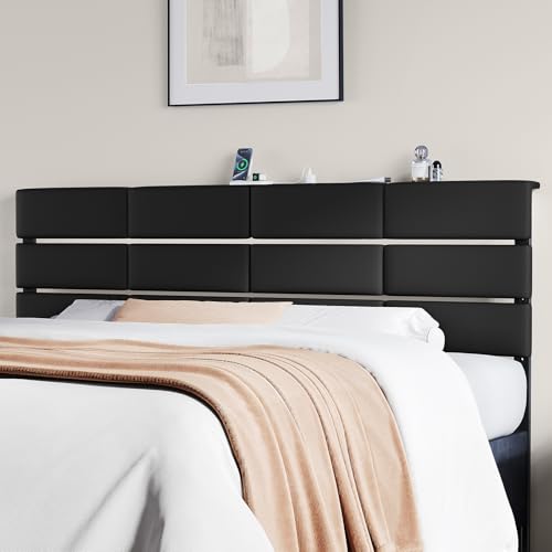 King/Cal King Size Upholstered Velvet Headboard, Adjustable Head Boards with LED Light & Charging Station, Bed Headboard Only, Attach Frame, Ideal for Bedroom, Dorm, Guest Room, Black - color: Black Velvet, size: King/Cal king